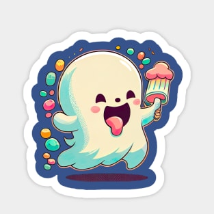 A happy kawaii cute little ghost loves ice-crea Sticker